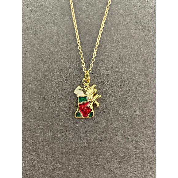 Christmas Stocking Gold Tone Chain Enamel Pendant Necklace Holiday Festive - Picture 2 of 4